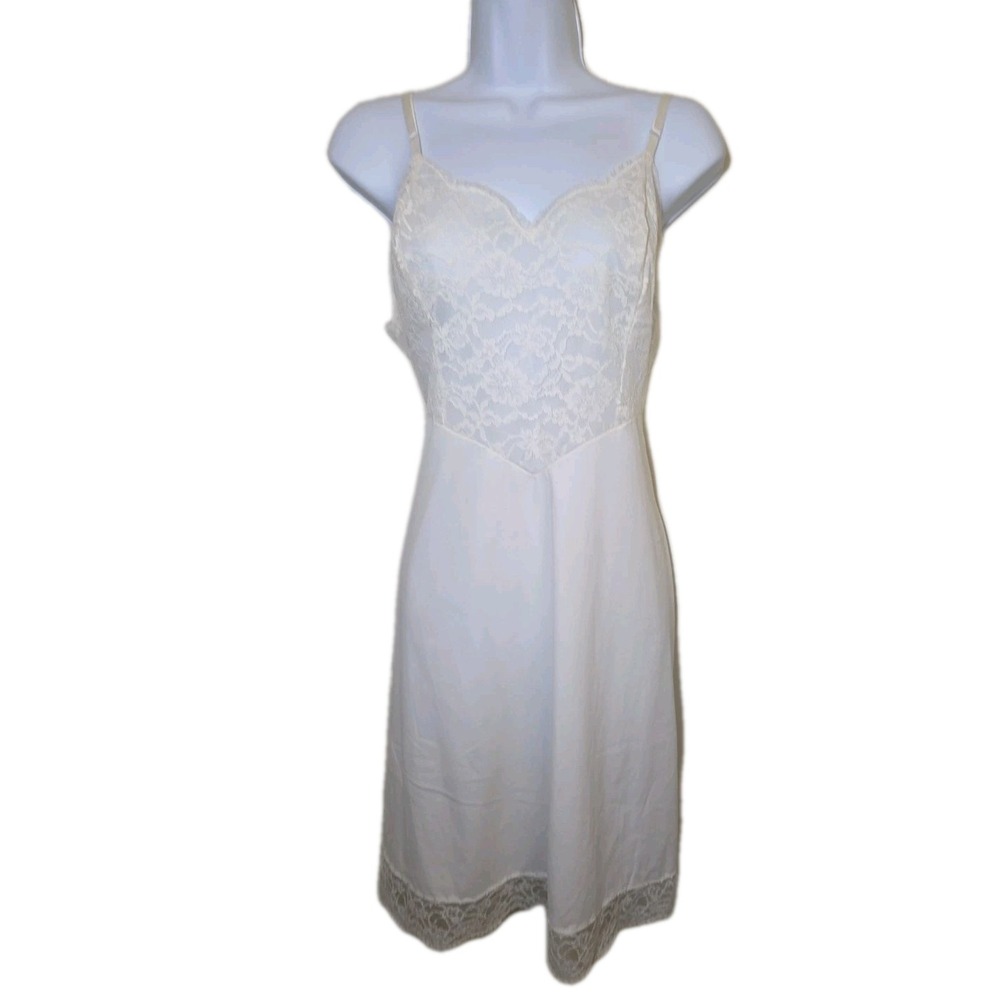 Vtg 1960s Vanity Fair Tricot Nylon Lace Bodice White Slip Dress LARGE‎ Size 38 - Picture 2 of 9